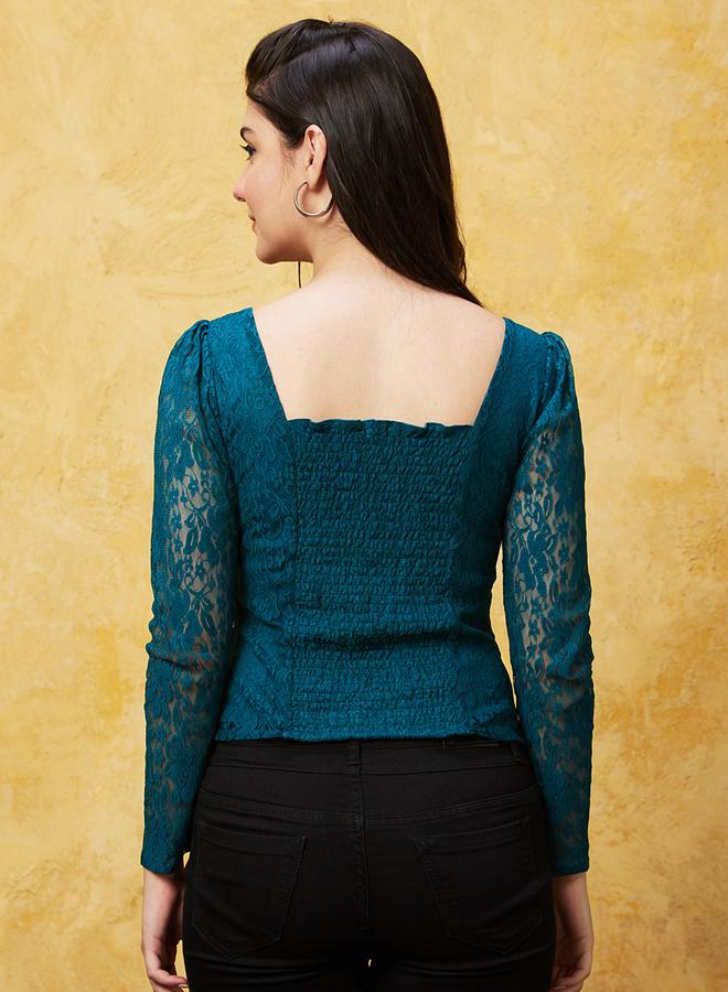 Globus Sweetheart Neck Puff Sleeves Lace Top - Image 3