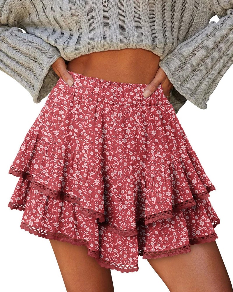onlypuff Ruffle Skorts for Woman Floral Cute Mini Skirts Flowy Shorts Country Concert Outfits Coastal Cowgirl Coachella Western Skirt Floral Red XS - Image 2