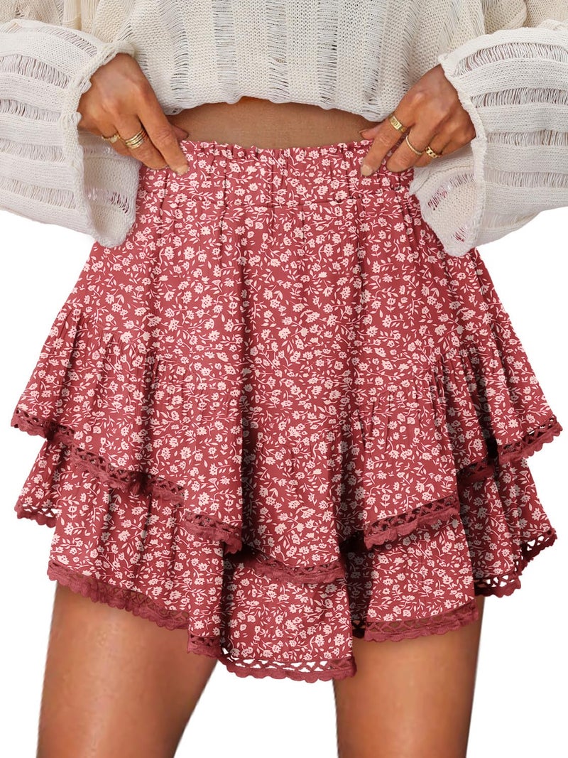 onlypuff Ruffle Skorts for Woman Floral Cute Mini Skirts Flowy Shorts Country Concert Outfits Coastal Cowgirl Coachella Western Skirt Floral Red XS - Image 1