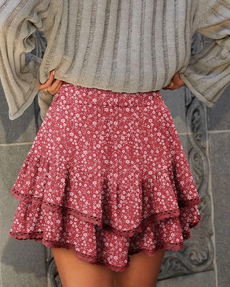 onlypuff Ruffle Skorts for Woman Floral Cute Mini Skirts Flowy Shorts Country Concert Outfits Coastal Cowgirl Coachella Western Skirt Floral Red XS - Image 4