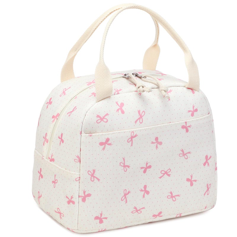 LEDAOU Lunch Box for Women Insulated Lunch Bag Corduroy Lunch Tote Bags Leakproof Cooler Lunch Case for Travel Work Picnic Pink Bow
