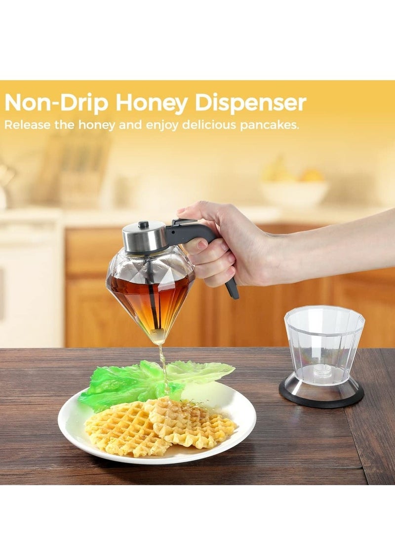 Honey Dispenser, Syrup Dispenser with Storage Stand, 8 Ounces Diamond Shaped Glass Honey Jar and Stainless Steel Top, No Drip, for Syrup, Sauces, Sugar  - Image 4
