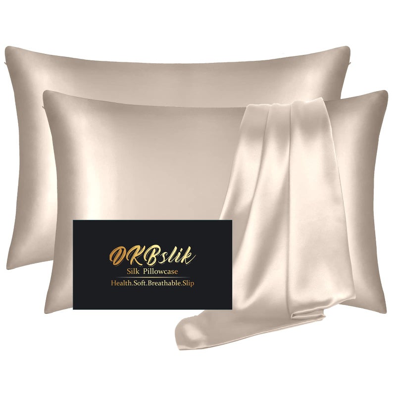 DKBslik Silk Pillowcase 2 Pack  Mulberry Silk Pillow Cases Queen Size Set of 2  Anti Acne Silk Pillowcase for Hair and Skin  Natural Silk Satin Pillowcases Gifts for Women 2 Pack with Hidden Zipper  Champagne - Image 1