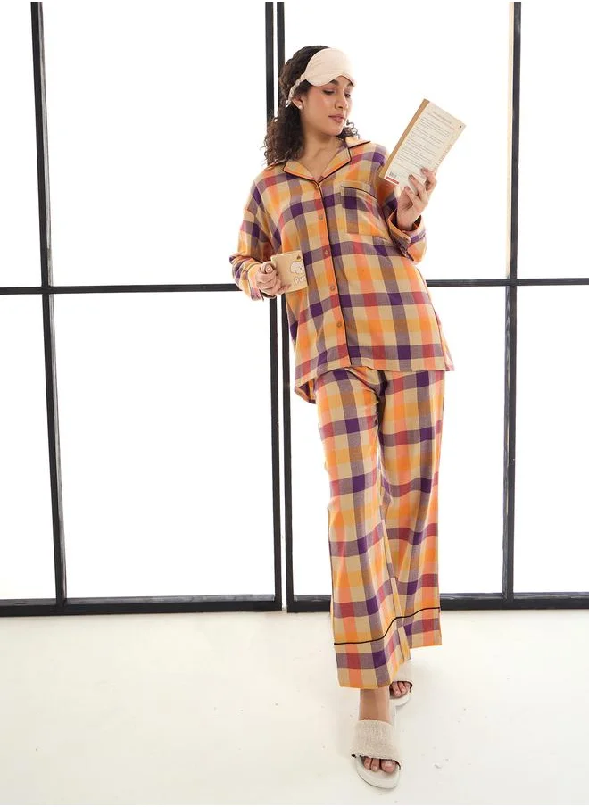 ساسافراس Cotton Checked Shirt and Lounge Pants Set