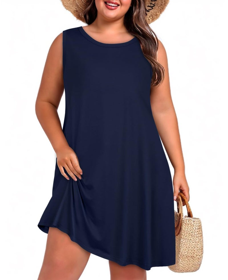 elescat Women Summer Dress Plus Size Beach Swing Tshirt Loose Sleeveless Tank Dress with Pockets(S Blue,3XL) - Image 1