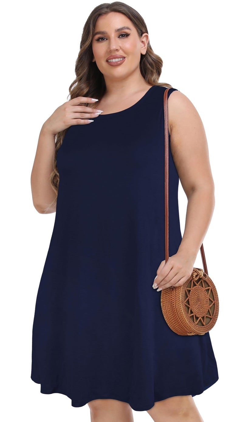 elescat Women Summer Dress Plus Size Beach Swing Tshirt Loose Sleeveless Tank Dress with Pockets(S Blue,3XL) - Image 4