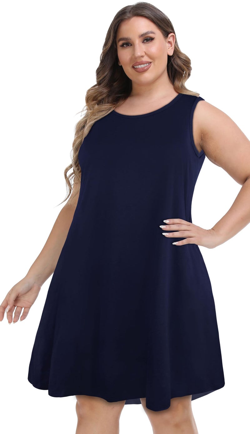 elescat Women Summer Dress Plus Size Beach Swing Tshirt Loose Sleeveless Tank Dress with Pockets(S Blue,3XL) - Image 2