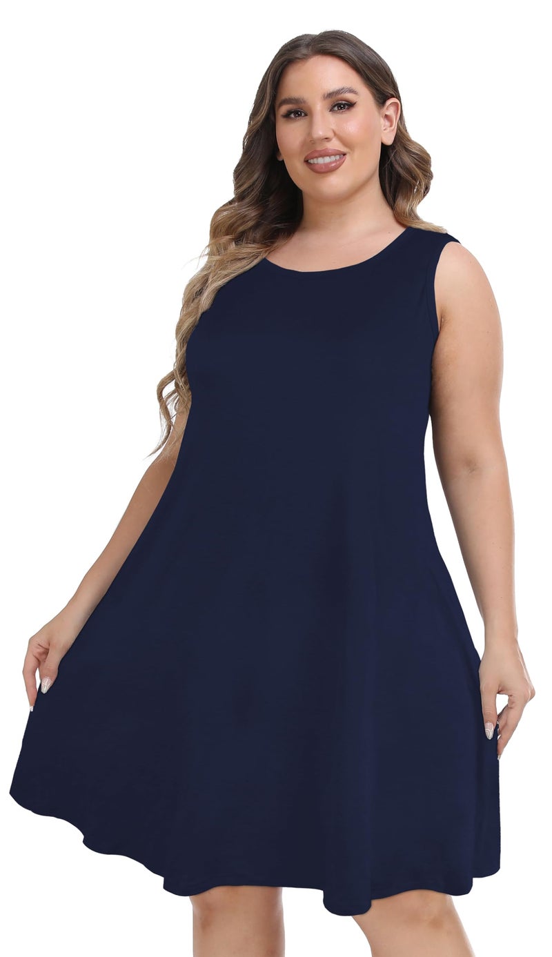 elescat Women Summer Dress Plus Size Beach Swing Tshirt Loose Sleeveless Tank Dress with Pockets(S Blue,3XL) - Image 3