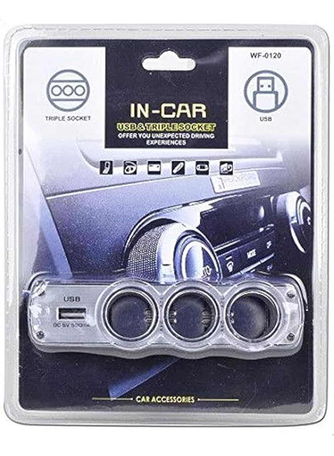 الكبريت محول طاقة سيارة بمنفذ USB ومقبس ثلاثي DC Wf-0120 (أسود/فضي)