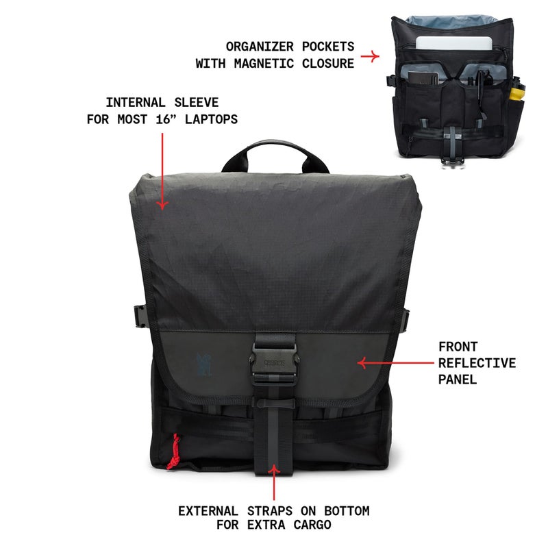 Chrome Industries Warsaw 30L Pack for Men & Women â€“ Utility Backpack with Reflective Panel, Cargo Straps & Laptop Sleeve â€“ Bag Is Made for Travel, Work, Hiking, School, Plane Carry-On â€“ Black XRF - Image 2