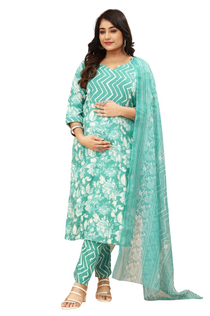 ASSUME FAB Women Maternity Kurta Set with Dupatta for Women | Nursing/Feeding Zip | Soft Rayon Ethnic Wear for Pregnancy & Postpartum(Large Rama - Image 1