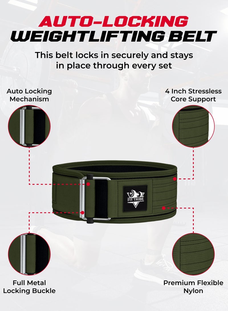 FIT TRIBE Weight Lifting Belt, Self-Locking Adjustable Gym Belt, Powerlifting & Strength Training Lumbar Support, Durable Nylon Belt for Men & Women Fitness Workouts (Green) - Image 2
