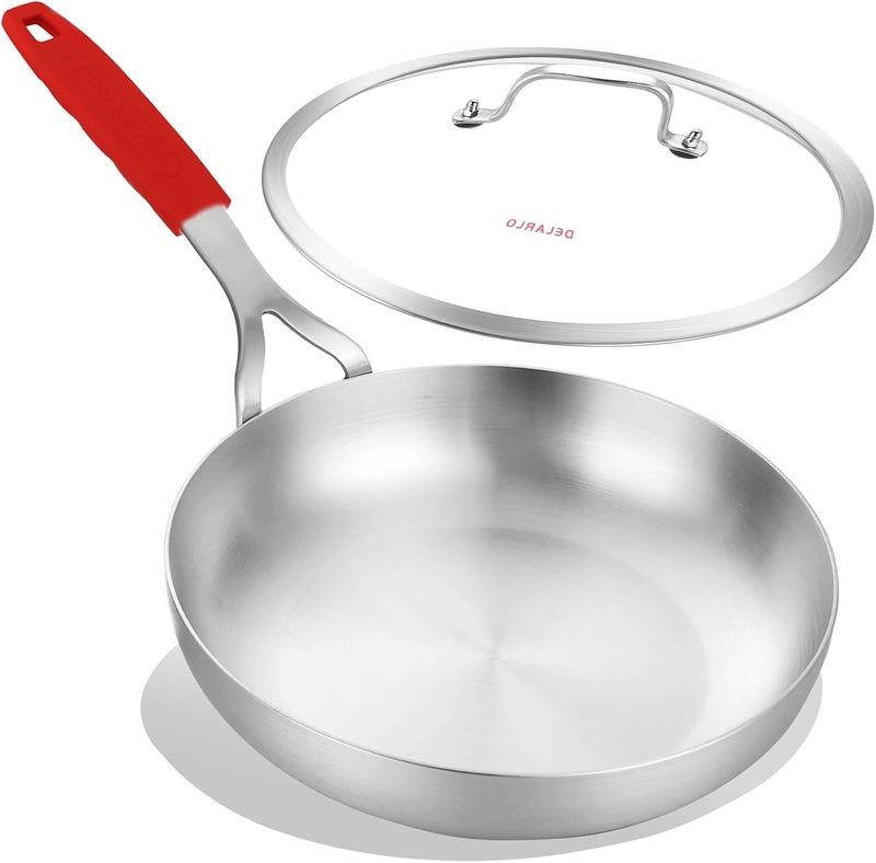 DELARLO Tri-Ply Stainless Steel 8 inch Frying Pan With Lid, Oven Safe Induction Skillet, Suitable for All Stoves Up to 600℉（Lids 300℉） - Image 1