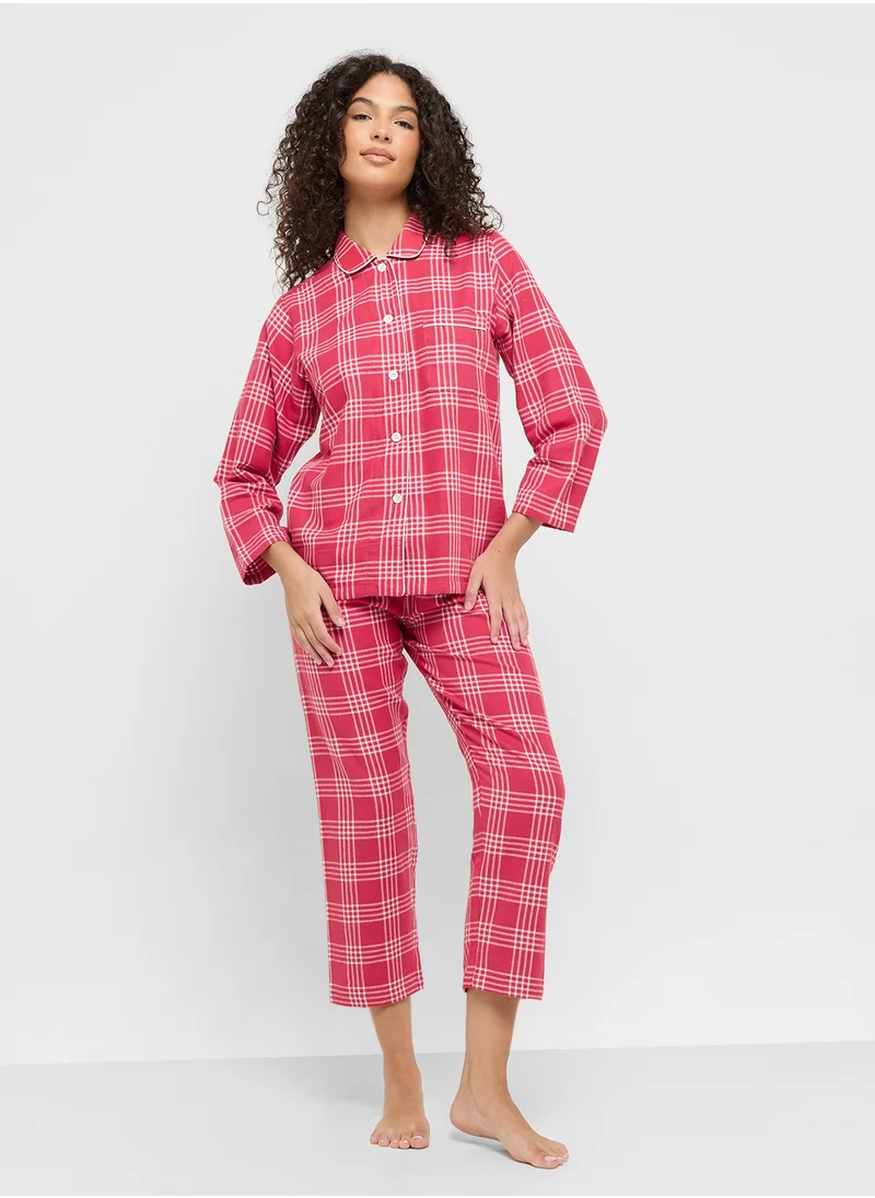 Ginger Checkered Button Down Shirt & Pyjama Set