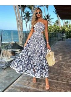 Madam Uniq Summer Blue Hollow-Out Waist-Showcasing Floral Embroidered Maxi Dress  - Image 1