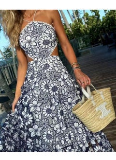 Madam Uniq Summer Blue Hollow-Out Waist-Showcasing Floral Embroidered Maxi Dress  - Image 3