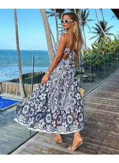 Madam Uniq Summer Blue Hollow-Out Waist-Showcasing Floral Embroidered Maxi Dress  - Image 2