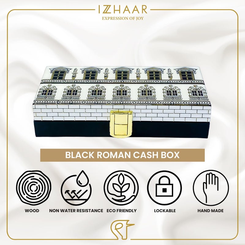 IZZHAAR Roman MDF Wood Cash Box, Multipurpose Decoartive Box for Shagun, Jewellery Storage Box, Cash Gaddi Box, Money Envelope, Perfect for Wedding Gift & Special Occasions, Black & White - Image 5
