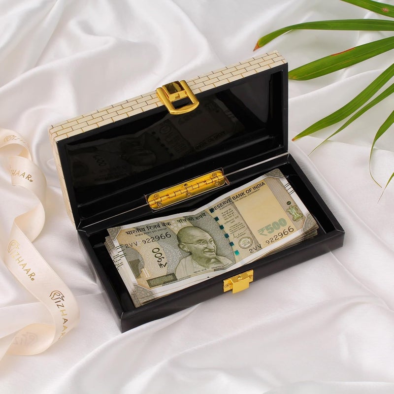 IZZHAAR Roman MDF Wood Cash Box, Multipurpose Decoartive Box for Shagun, Jewellery Storage Box, Cash Gaddi Box, Money Envelope, Perfect for Wedding Gift & Special Occasions, Black & White - Image 2