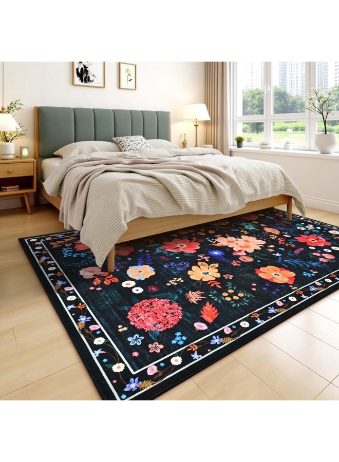 Terrug Floral Large Area Rug for Living Room, 5x7 Black Washable Rug Boho Ultra-Thin Carpet, Soft Non Slip Stain Resistant Vintage Rug for Living Room, Bedroom, Dorm, Dining Room, Office - Image 2