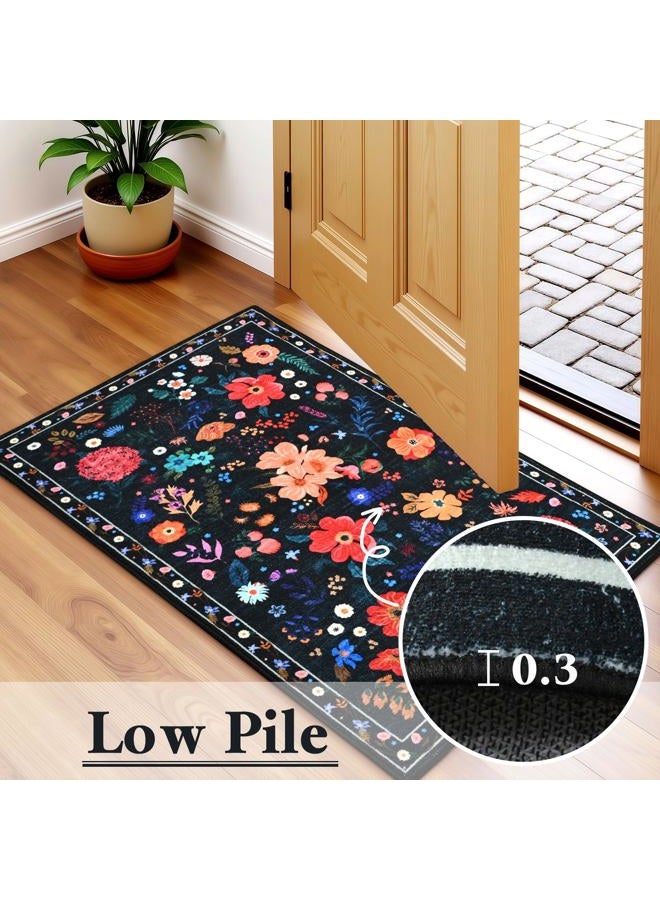 Terrug Floral Large Area Rug for Living Room, 5x7 Black Washable Rug Boho Ultra-Thin Carpet, Soft Non Slip Stain Resistant Vintage Rug for Living Room, Bedroom, Dorm, Dining Room, Office - Image 5