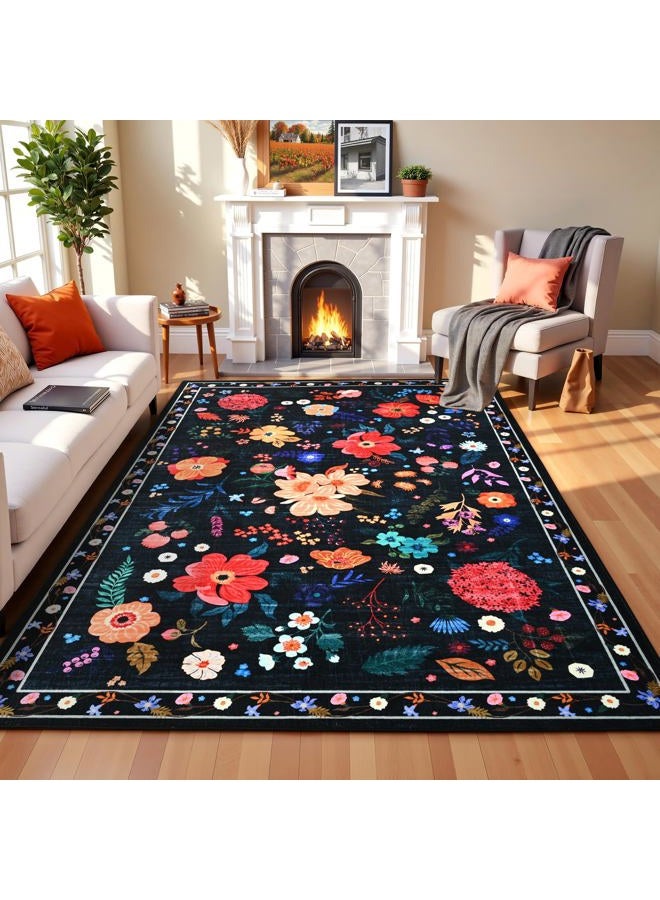 Terrug Floral Large Area Rug for Living Room, 5x7 Black Washable Rug Boho Ultra-Thin Carpet, Soft Non Slip Stain Resistant Vintage Rug for Living Room, Bedroom, Dorm, Dining Room, Office - Image 1