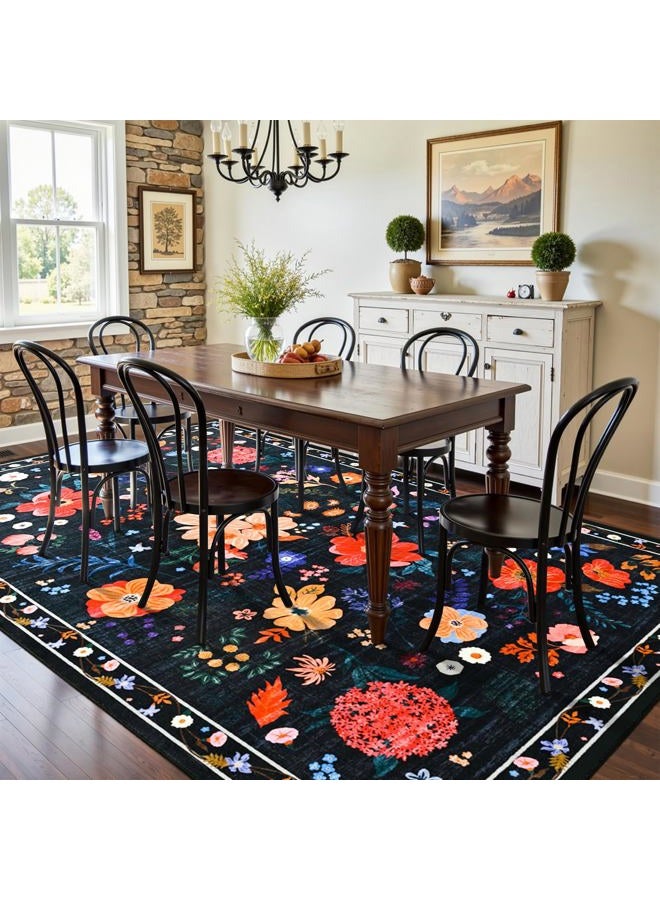 Terrug Floral Large Area Rug for Living Room, 5x7 Black Washable Rug Boho Ultra-Thin Carpet, Soft Non Slip Stain Resistant Vintage Rug for Living Room, Bedroom, Dorm, Dining Room, Office - Image 4