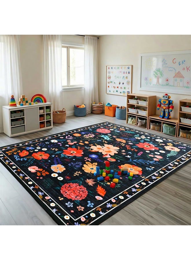 Terrug Floral Large Area Rug for Living Room, 5x7 Black Washable Rug Boho Ultra-Thin Carpet, Soft Non Slip Stain Resistant Vintage Rug for Living Room, Bedroom, Dorm, Dining Room, Office - Image 3