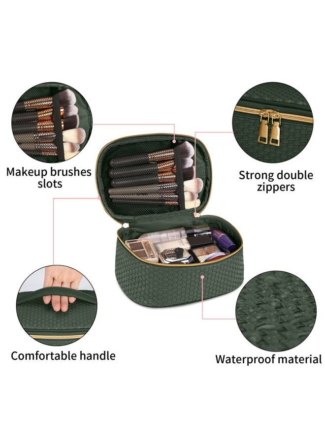 KTMOUW - Makeup Bag 3 Pcs Waterproof Cosmetic Bag Set Portable Travel Cosmetic Bag Multifunction Organizer Storage Bag Weave Toiletry Bag for Women, Deep Green - Image 1