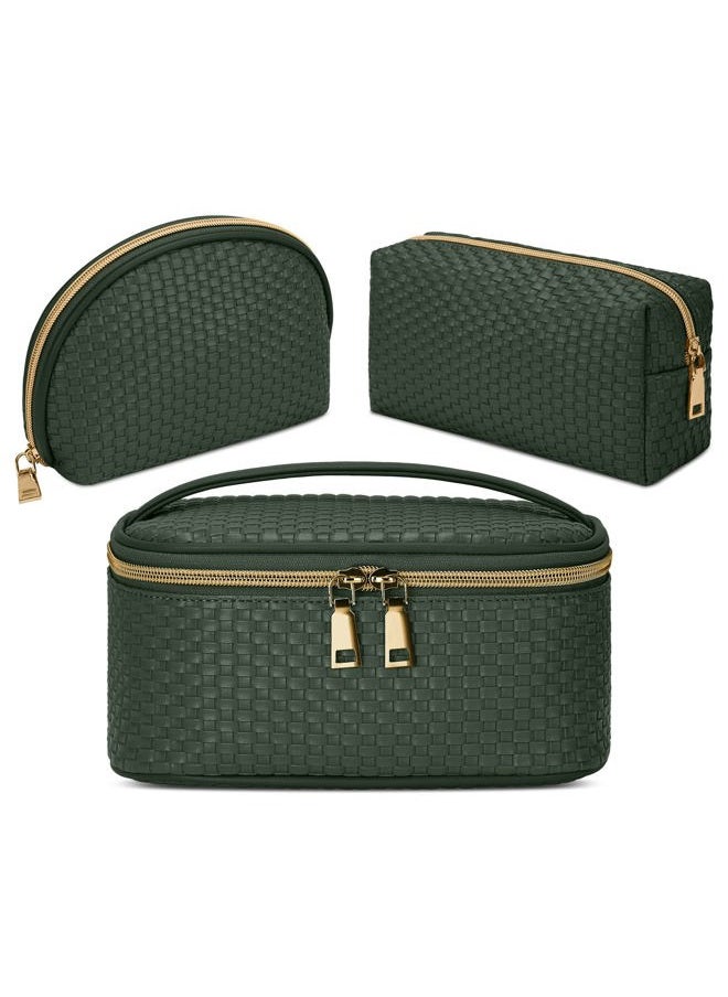 KTMOUW - Makeup Bag 3 Pcs Waterproof Cosmetic Bag Set Portable Travel Cosmetic Bag Multifunction Organizer Storage Bag Weave Toiletry Bag for Women, Deep Green - Image 1
