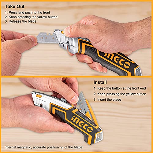 INGCO Box Cutter, Utility Knife, INGCO Pocket Knife retractable with 5 blades, Lock-Back Design, and Lightweight Aluminum Design - Image 4