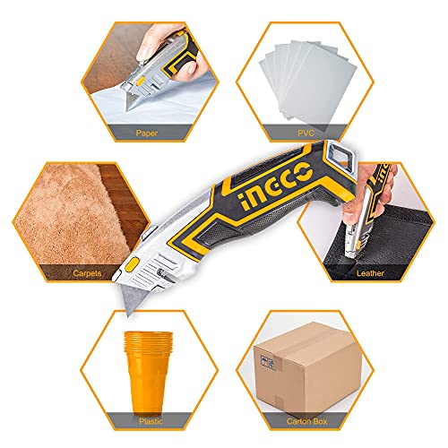 INGCO Box Cutter, Utility Knife, INGCO Pocket Knife retractable with 5 blades, Lock-Back Design, and Lightweight Aluminum Design - Image 2