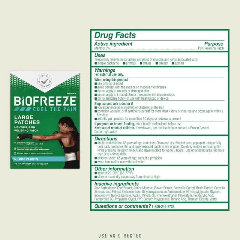 Biofreeze Pain Relief Patches, Arthritis Pain Reliver, Knee & Lower Back Pain Relief Patch, Sore Muscle Relief, Neck Pain Relief, FSA Eligible, 3 Pack (5 Biofreeze Menthol Patches) - Image 5
