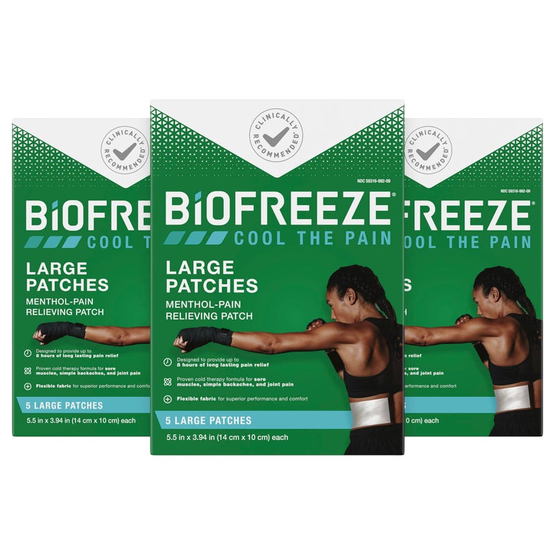 Biofreeze Pain Relief Patches, Arthritis Pain Reliver, Knee & Lower Back Pain Relief Patch, Sore Muscle Relief, Neck Pain Relief, FSA Eligible, 3 Pack (5 Biofreeze Menthol Patches) - Image 1