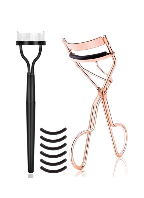 Eyelash Curler Kit Metal Lash Curlers with Mascara Applicator Eyelashes Separator Comb & 6 Replacement Refill Pads (Rose Gold)