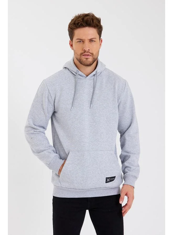 Mmetalic Men's Gray Cotton-Lined Hooded Sweatshirt with Kangaroo Pocket