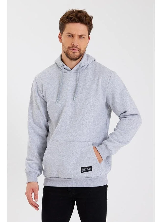 Mmetalic Men's Gray Cotton-Lined Hooded Sweatshirt with Kangaroo Pocket