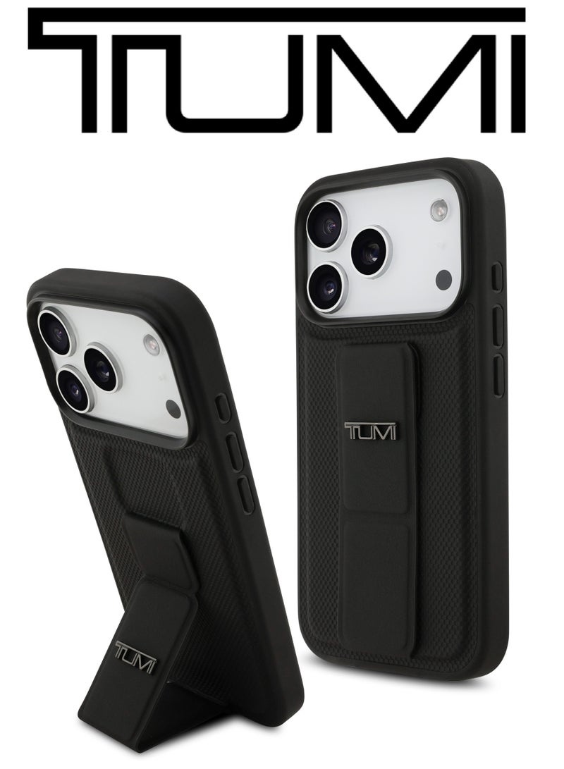 CG MOBILE Leather iPhone 17 Pro Max case. sturdy phone case with edges around the camer. iphone 17 pro max cover with a back grip to hold the phone or set it up as a stand. case iphone 17 pro max with an elegant French design, certified in partnership with TUMI and CG MOBILE. Black. - Image 1