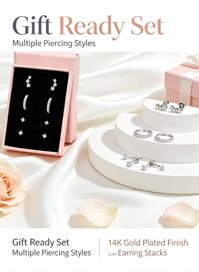 3 Pairs 925 Sterling Silver Hypoallergenic Earrings Set for Multiple Piercing Dainty 14K Gold Plated Stud Huggie Small Hoop Earrings for Women Trendy Cute Earring Stacks for Sensitive Ears - Image 5