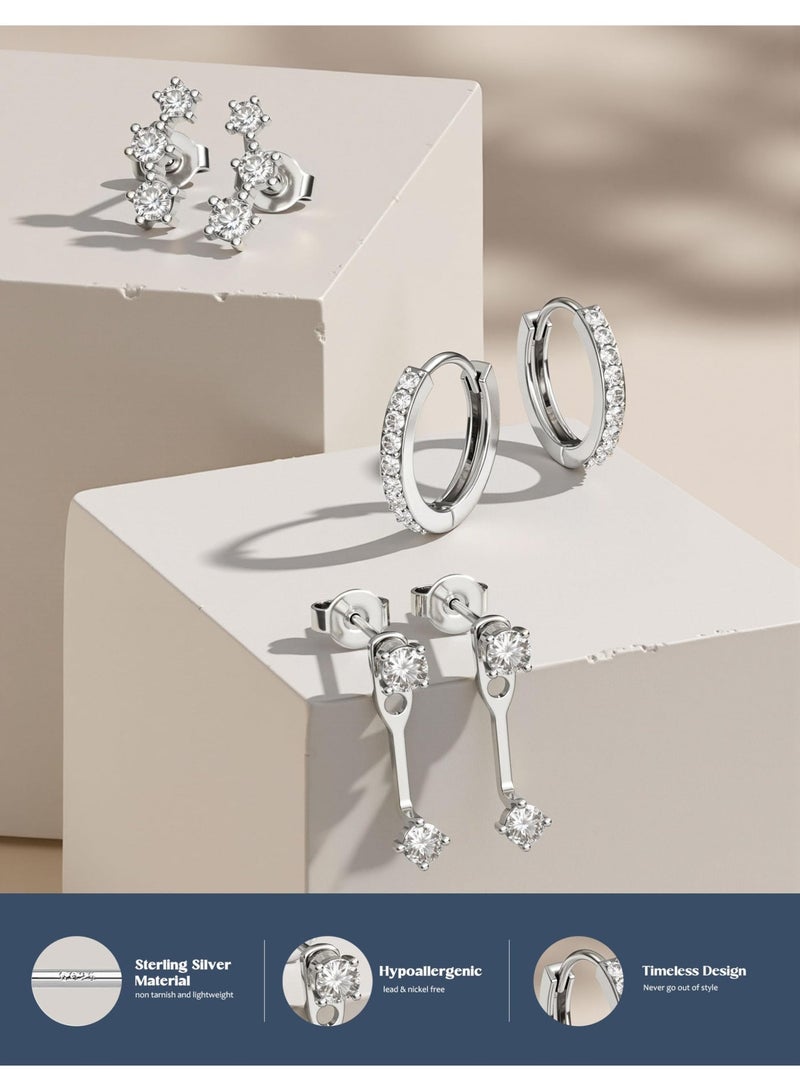 3 Pairs 925 Sterling Silver Hypoallergenic Earrings Set for Multiple Piercing Dainty 14K Gold Plated Stud Huggie Small Hoop Earrings for Women Trendy Cute Earring Stacks for Sensitive Ears - Image 2