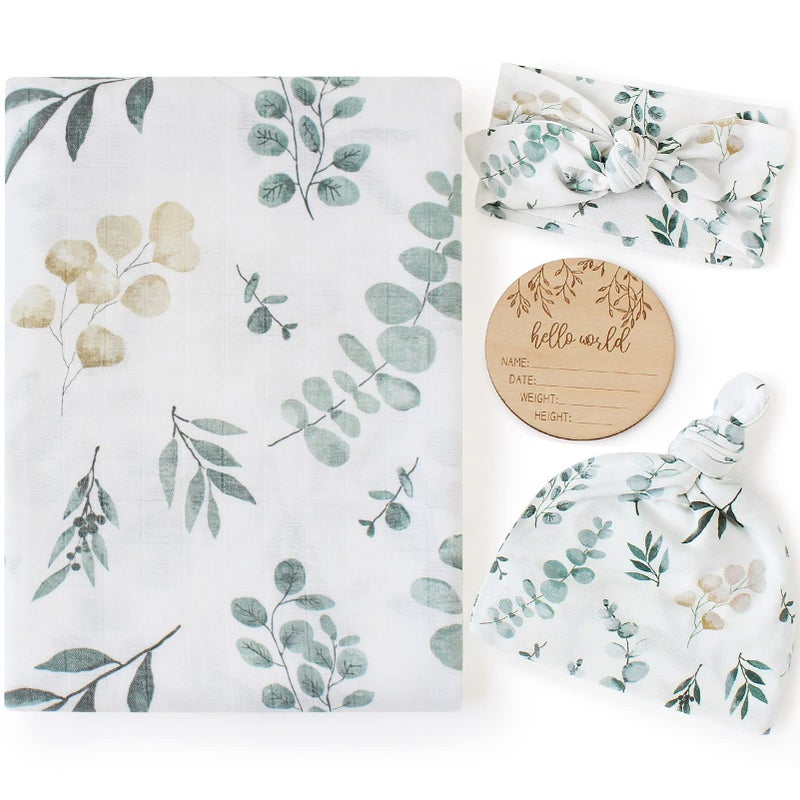 LifeTree Newborn Swaddle Set with Matching Hat and Headband Bow, Wooden Birth Announcement Card, Muslin Baby Swaddle Blankets for Boys & Girls, Eucalyptus Pattern - Image 1