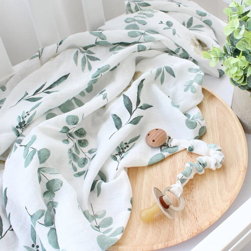 LifeTree Newborn Swaddle Set with Matching Hat and Headband Bow, Wooden Birth Announcement Card, Muslin Baby Swaddle Blankets for Boys & Girls, Eucalyptus Pattern - Image 3