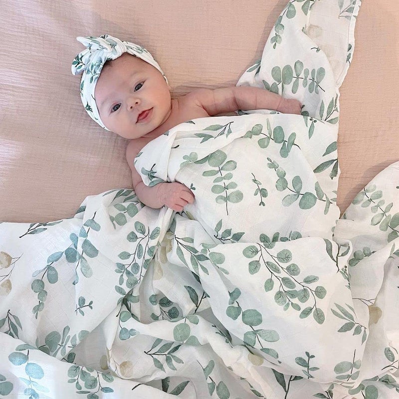 LifeTree Newborn Swaddle Set with Matching Hat and Headband Bow, Wooden Birth Announcement Card, Muslin Baby Swaddle Blankets for Boys & Girls, Eucalyptus Pattern - Image 2
