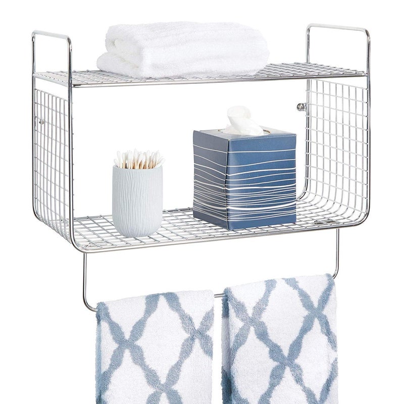 Indian Decor 31598 Metal Wire Farmhouse Wall Decor Storage Organizer 2 Tier Shelf with Towel Bar for Bathroom Laundry Room Kitchen Garage Wall Mount Chrome  - Image 4
