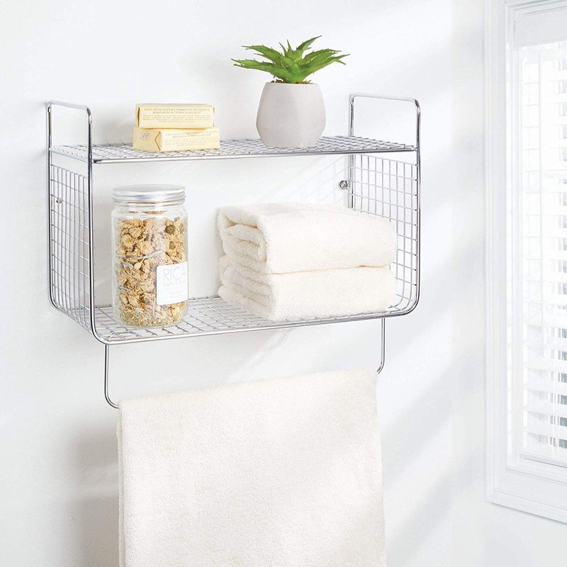 Indian Decor 31598 Metal Wire Farmhouse Wall Decor Storage Organizer 2 Tier Shelf with Towel Bar for Bathroom Laundry Room Kitchen Garage Wall Mount Chrome  - Image 2