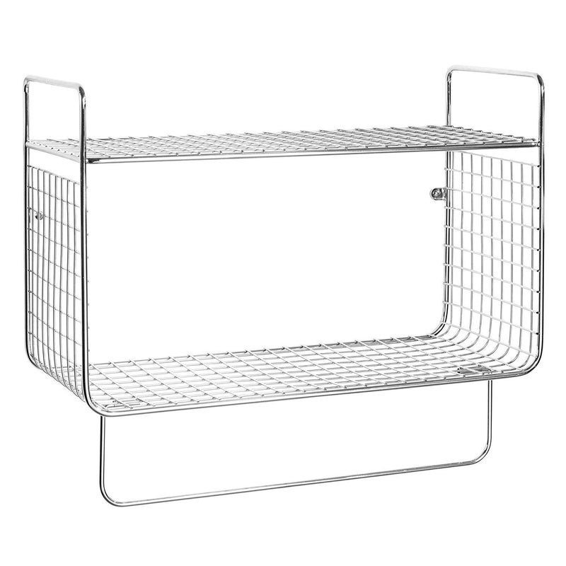 Indian Decor 31598 Metal Wire Farmhouse Wall Decor Storage Organizer 2 Tier Shelf with Towel Bar for Bathroom Laundry Room Kitchen Garage Wall Mount Chrome  - Image 1