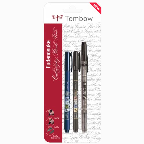 Tombow Fudenosuke Brush Pen Set, Soft tip, Hard tip and Dual Pen (Black + Grey) Set, Black Ink - Image 1
