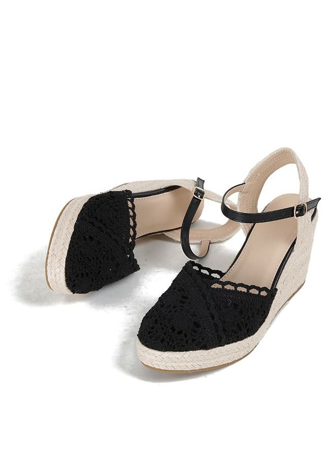 Generic - Closed Toe  Lace  Espadrille Wedges Sandals Black - Image 1
