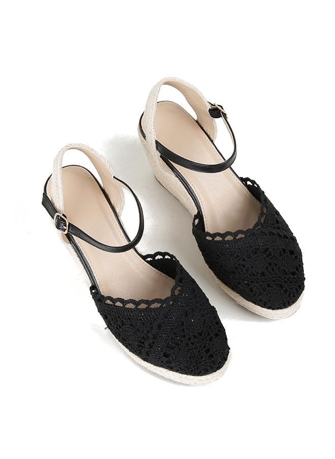 Generic - Closed Toe  Lace  Espadrille Wedges Sandals Black - Image 1
