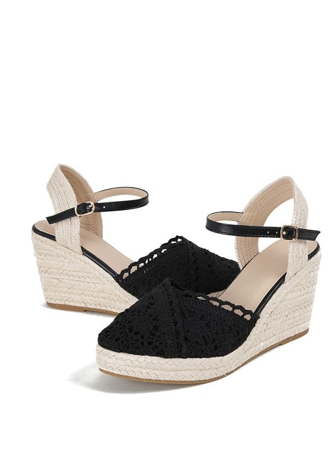Generic - Closed Toe  Lace  Espadrille Wedges Sandals Black - Image 1
